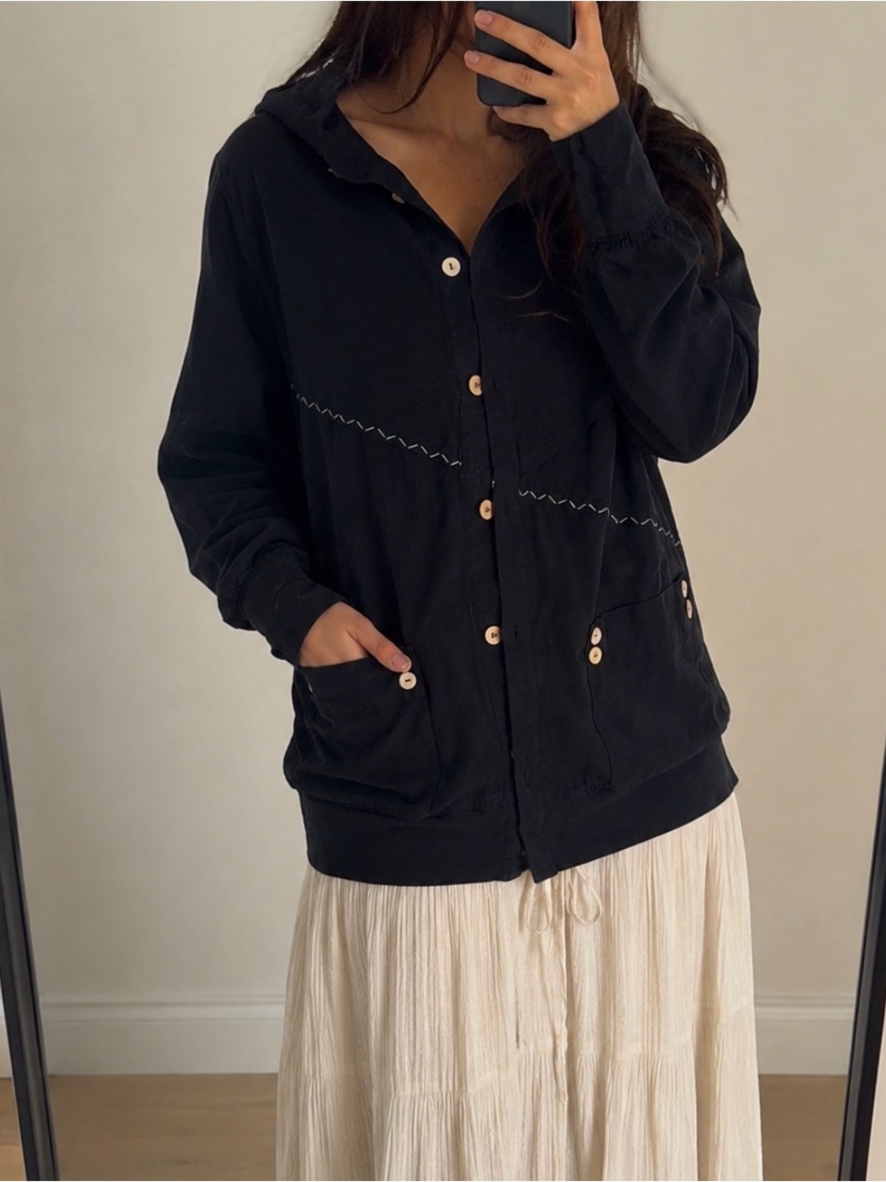 Black Button-Up Jacket with Contrast Stitching